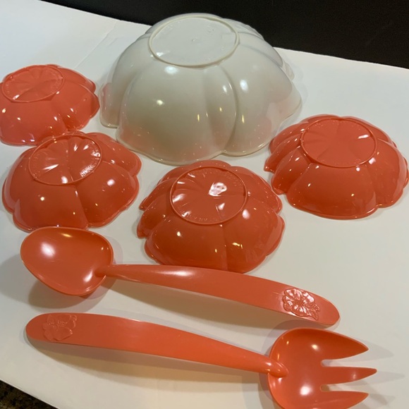 Vintage Salad Bowl set Fork Spoon Hibiscus Flower Hoffman Industries #35 - Picture 6 of 8